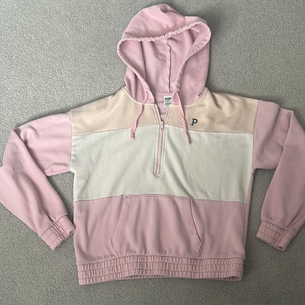 Pink VS hooded tri-color 1/2 zip pullover sweatshirt w/front pocket sz small